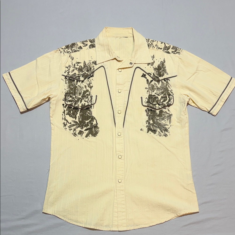 Men's Cream Short-Sleeve Western Shirt with Brown Print Size S